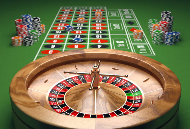 Casino table with roulette and chips. 3D illustration